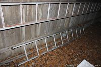 Photo showing two metal straight ladders stacked horizontally against a wooden fence, lying on leaves and dirt. The larger ladder is on top, measuring about 230 inches with visible rust and wear.