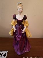 Front view of Royal Doulton Loretta figurine showing full length and detailed purple gown with yellow shawl