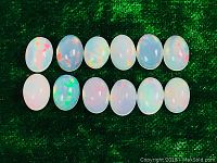 Top down close-up of 11 calibrated Ethiopian opals arranged on green fabric, showing multicolor rolling flash and oval shape.