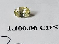 Close-up image of natural yellow sapphire gemstone on white background showing oval mixed cut facets and pale yellow color.