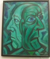Full view of abstract dual profile faces oil painting, showcasing composition and color scheme.