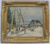 Front view of oil painting in gold-toned ornate frame showing a winter landscape with snow-covered trees and house.
