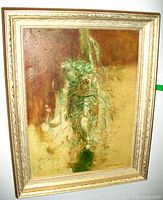 Frontal view of the framed oil painting showing the abstract expressionist style with green and brown hues and signature visible at bottom right.