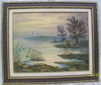Full view of framed oil painting depicting a calm waterside landscape with trees and birds, signed by R. Beck dated 1977.