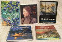 Top view photo showing covers of 5 art books arranged on a surface including Van Gogh, Andrew Wyeth, Edouard Manet, Stephan Lyman, and Cornelius Krieghoff