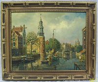 Full view of the framed oil painting showing the harbour scene with a tower, boats, and buildings.