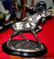 Front and side view showing charging bronzed moose with raised leg and detailed antlers on wood base.
