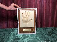 Photo showing the sealed boxing plaque with raised hand print and signature mounted on wood with brass name plate.