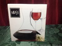 Photo of the unopened Mikasa wine carafe box displaying the brand and product image