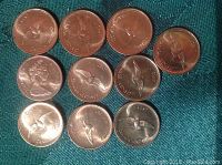 Ten 1967 Canadian pennies showing the flying goose reverse design with 'Canada 1867-1967' around the edge.