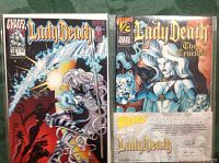 Two Lady Death comic books from Chaos Comics displayed side by side in plastic sleeves.
