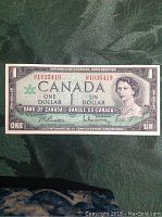 Front side of the 1967 Canadian one dollar bill showing Queen Elizabeth II, denomination, serial number, and Centennial of Canadian Confederation text.