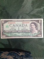 Front side of the 1967 Canadian one dollar bill featuring Queen Elizabeth II, serial number B5506876.