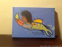 Front view of the small acrylic painting depicting a hybrid human-fish figure on a blue background. Signed 'David Morrisseau UN L'3rd 1998' in black paint on bottom right.