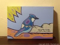 Front view of acrylic painting showing stylized blue jay, artist signature, and date.