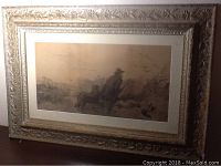 Full image of the framed conte pencil hunting scene drawing showing overall condition and frame.