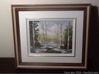 Framed Canadian landscape oil painting depicting a birch tree forest scene with a natural wood outer frame and white-gold inner border.