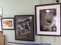 Three black and dark brown framed photographic prints hung on light green wall, featuring two flower close-ups and one antique car image.