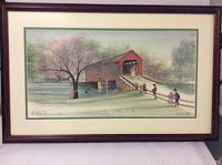Framed print of Loys Station Bridge by P. Buckley Moss showing the full artwork with bridge, people, trees, and carriage in the background.