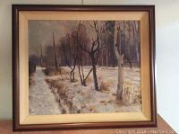 Full view of the unsigned original landscape painting in a wood and linen framed (25x29 inches).