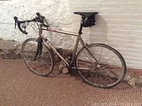 Side view of Litespeed Siena titanium road bicycle showing frame, fork, wheels, saddle and accessories