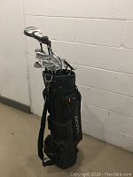 Full view of the golf bag with clubs inserted, showing the bag and a number of shafted clubs with metal heads.