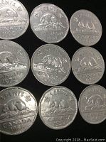 Top view of nine Canadian nickels from the 1950s to the 1970s showing the beaver reverse design and dates such as 1955, 1956, 1960, 1961, 1963, 1973, and 1978.