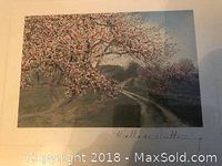 Hand tinted photograph of blossoming trees with pathway, signed Wallace Nutting