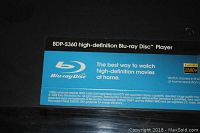Close-up photo of Sony BDP-S360 Blu-ray Disc player box showing product details and model number.