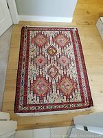 Full view of rectangular hand knotted rug on wood floor