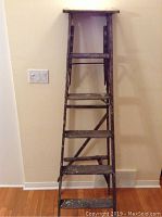 Full length view of antique wooden ladder showing five steps and overall condition.