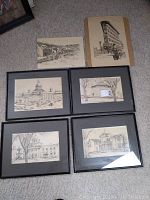 Group shot on carpet showing four framed black-and-white architectural prints by Leo Mes and two unframed sketches