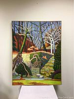 Full view of original mid-century surreal tree oil painting on canvas, framed, showing stylized trees and stone steps in autumn colors