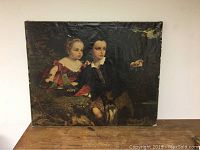 Full view of old canvas print depicting two Victorian children sitting outdoors, boy pointing, girl holding toy sailboat. Canvas surface wrinkled with some wear.