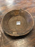 Top view of the antique wood bowl showing wear and cracks