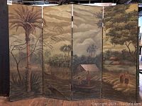 Full view of four-panel folding screen showing complete tropical landscape scene and black edges