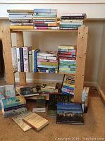 Full display of about 70 books stacked on and around a wooden shelf, with titles visible including 'Irish America' and 'Ireland' photo books
