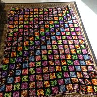 Full view of variegated granny square afghan laid flat on floor showing array of colorful crocheted squares with black outlines and multicolored border.