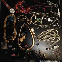 Full spread of various costume jewelry showing necklaces, watches, brooches, earrings, and pins arranged flat on black surface.