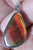 Front view of freeform ammolite stone pendant showing vibrant red and green iridescence set in sterling silver.