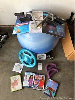 Overall lot showing fitness equipment, weights, workout DVDs and booklets, large blue stability ball, and the LoBak Trax device.