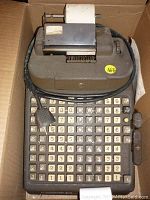 Top view of vintage Burroughs adding machine showing numeric keypad, paper roll, cable and control levers inside a box.