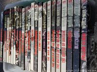 Close-up of book spines showing titles related to World War II topics such as The Nazis, Bombers Over France, The Battle of Britain, Blitzkrieg, and more.