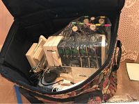 Open soft carrying case containing Pfaff Creative 4874 serger and accessories