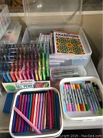 Photo showing plastic storage container with artisan coloring books inside and a 100-count set of GelWriter Premium gel pens in assorted colors in front, plus two trays containing colored pencils and markers.