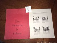 Red folder labeled 'Four Impressions by Coleman' alongside a sheet describing four sketches of New Orleans streets.