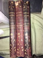 Spine view of three volumes of Stoddard's Lectures bound in reddish-brown leather with gold floral designs and volume numbers labelled