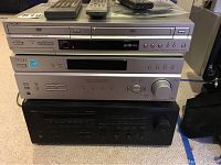 Stacked Sony SLVD350P DVD/VHS player, Sony STR-K660P stereo receiver, and Yamaha RDV350 stereo receiver showing front panels and control buttons.