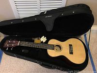 Ukulele inside black padded case, showing the instrument's natural wood body and neck, and interior of the soft case.