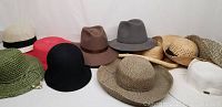 Lot of 11 hats of varied styles and materials, visible arranged on white background